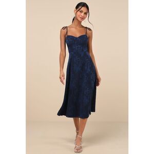Lulus Loveliest Looks Navy Floral Jacquard Tie Strap Midi Dress XXL #771